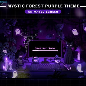 Animierte Mystic Forest Purple Theme Stream Bildschirme, Hexe Schreibtisch Twitch Overlay mit schwarzer Katze, niedlicher Geist, leuchtende Pflanzen, dunkel verzaubert