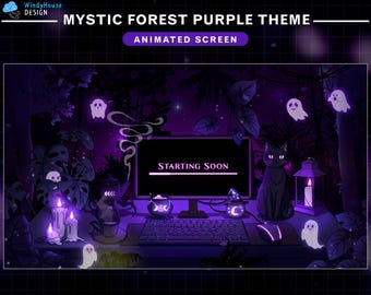 Animated Mystic Forest Purple Theme Stream Screens, Witch Desk Twitch Overlay with Black Cat, Cute Ghost, Glowing Plants, Dark Enchanted