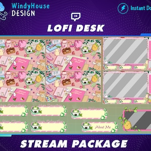 Animated Lofi Desk Twitch Overlay Stream Package, Cozy Twitch Overlay, Pink Theme Overlay For Streamer, Vtuber