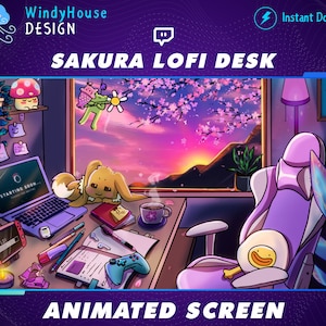 Écrans de flux Twitch Lofi Desk ANIMÉS, esthétique de la pièce confortable, superposition pastel, scènes Twitch, salle de streamer rose, Sakura, fleur de cerisier