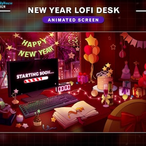 Animated New Year Stream Screens, Firework Twitch Screens, NYE Twitch Overlay with Champagne, Balloons, Night Sky...