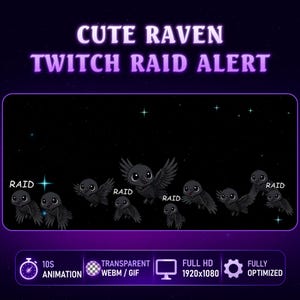 Może przedstawiać: Grafika cyfrowa z tekstem "CUTE RAVEN TWITCH RAID ALERT" w kolorze fioletowym i białym. Obraz przedstawia kreskówkowe kruki ze słowem "RAID" obok niektórych z nich. Dodatkowy tekst zawiera "10S ANIMATION", "TRANSPARENT WEBM/GIF", "FULL HD 1920x1080" i "FULLY OPTIMIZED".