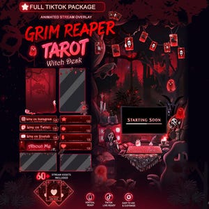 May include: A digital art package with a dark red and black theme. The text reads "Grim Reaper Tarot Witch Desk" and includes animated stream overlays, social media buttons, and a "Starting Soon" screen. The package is designed for TikTok.