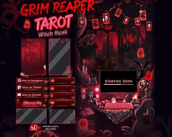 TIKTOK Stream Package Grim Reaper Tarot Card Mystic Forest Blood Theme, Cute Ghost Spirit Witch Desk Animated Vertical TIKTOK Overlay