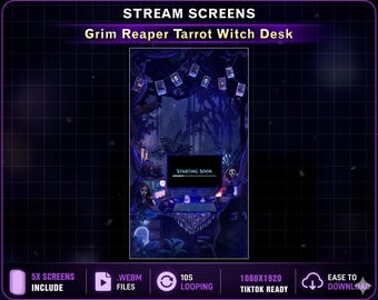 TIKTOK Stream Screens Grim Reaper Tarot Card Mystic Forest, Cute Ghost Spirit Witch Desk Animated Vertical TIKTOK Overlay