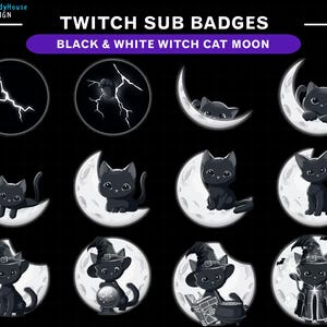 Black & White Witch Cat Moon Twitch Sub Badges, Mystic Cat Twitch Badge Set, Crescent Moon, Crystal Ball, Magic Cauldron, Witchy Aesthetic