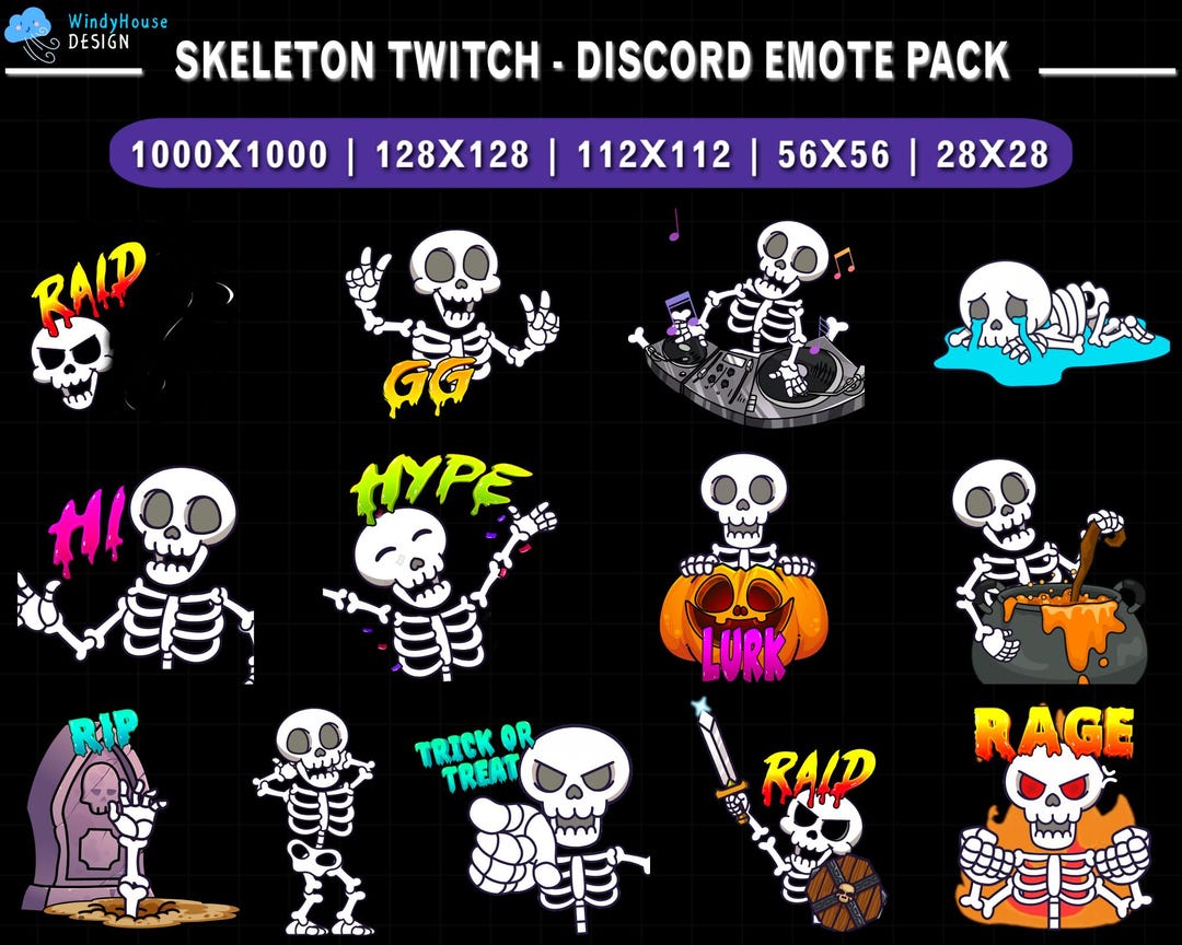 13x Skeleton Animated Twitch Emote Pack, Halloween Discord Emotes, Cute ...