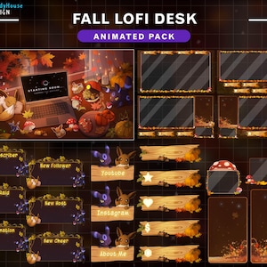 Animierter Herbst Lofi Schreibtisch Stream Paket, Herbstliches Twitch Overlay mit Evoli, Nachtara Pokemon, Ahornblatt, Kürbis, Pilz, Kaffee