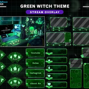 Écrans Twitch animés de bureau de sorcière chat noir, superposition Twitch sur le thème vert gothique avec carte de tarot, configuration PC, fantôme, tête de mort, bougie, poison...