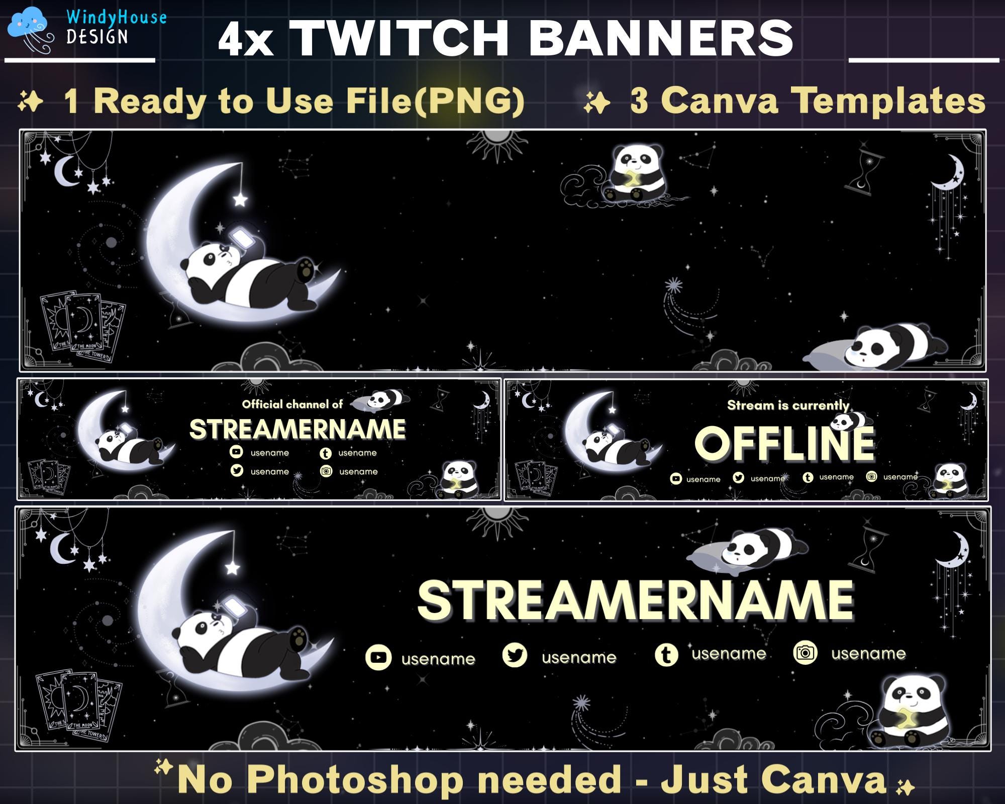 4x Cute Panda Banner Twitch, Banner for Twitch,Youtube, and Discord,Editable Canva Template, Celestial Night Twitch,Graphics For Streamers