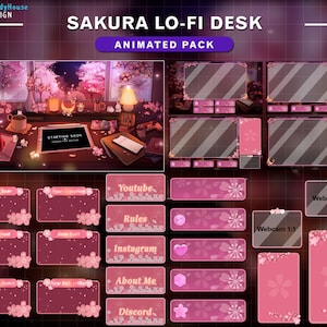 Animated Cherry Blossom Lo-fi Desk Twitch Pack, Aesthetic Kawaii Sakura Game Room Stream Overlay with Sakura Falling on Night Sky