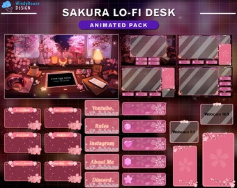 Animated Cherry Blossom Lo-fi Desk Twitch Pack, Aesthetic Kawaii Sakura Game Room Stream Overlay with Sakura Falling on Night Sky