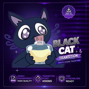 May include: A digital graphic featuring a black cat holding a potion bottle. The text reads "BLACK CAT TRANSITION" with additional text indicating "EASY TO DOWNLOAD" and "SMOOTH SCENE TRANSITION". The image is set against a purple background.