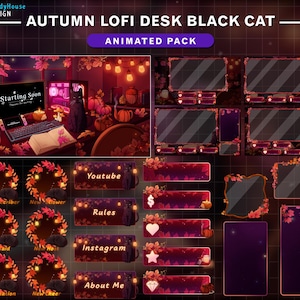 Animierter Twitch Bildschirm Herbst Lofi Schreibtisch schwarze Katze, Aesthetische Herbst Katze Overlay mit Kürbis, Ahornblatt, Pilz, Kaffee...