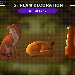 3x Animated Red Fox Stream Decoration, Cute Fox Twitch Overlay, Animals Decorations Stream Add-on Kawaii Twitch Overlay