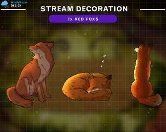 May include: Three red fox illustrations. One fox is standing on its hind legs, another is curled up sleeping, and the third is sitting with its head tilted up. The text "STREAM DECORATION 3x RED FOXS" is above the foxes.