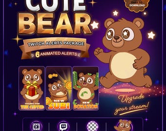 Animated Cute Bear Stream Alerts Pack, Bear Honey Twitch Alerts Bundle with Raid Alert & Bonus Emotes for Twitch Discord Kick (WEBM GIF)