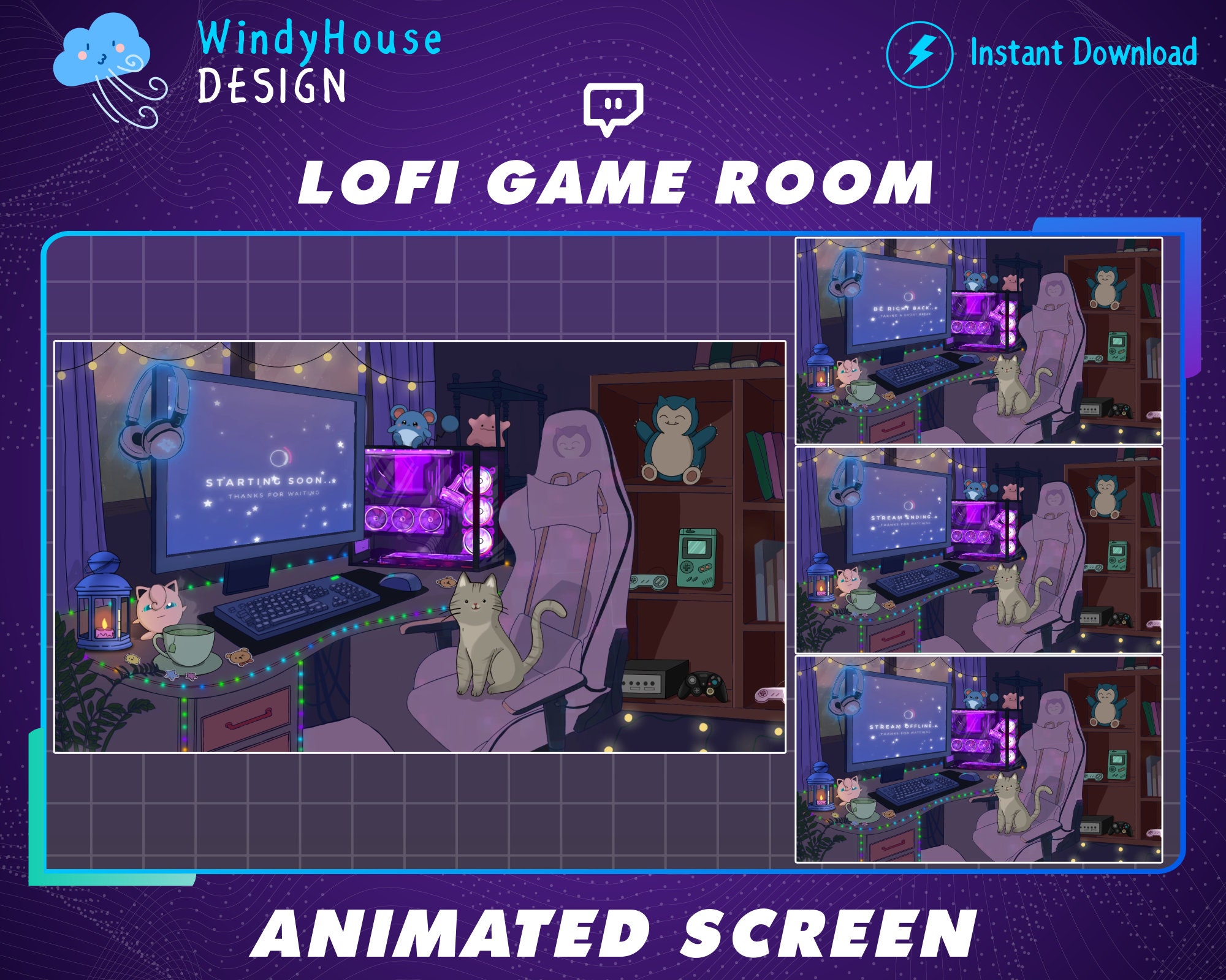 ANIMATED Twitch Overlay / Lo-fi Aesthetic Gaming PC Room 