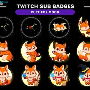 Badges secondaires Fox Moon Twitch, émoticônes magiques Fox mignons à diffuser, graphismes superposés Fox