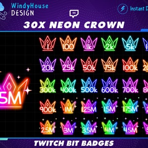 30x Neon Crown Twitch Bit Badges,Diamond crowns Bit Tier Badges, Number bot badges, Rainbow colors badges, Chat emote