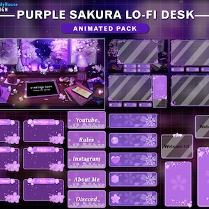 Animated Cherry Blossom Purple Lo-fi Desk Twitch Pack, Aesthetic Kawaii Sakura Game Room Stream Overlay with Sakura Falling on Night Sky
