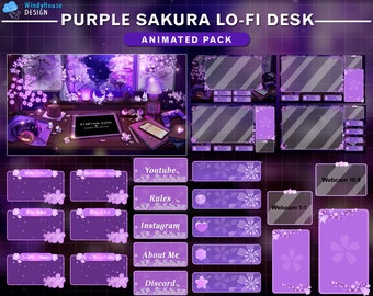 Pack de Twitch de escritorio animado de baja fidelidad con flores de cerezo moradas, superposición de transmisión de sala de juegos con estética kawaii de Sakura con Sakura cayendo en el cielo nocturno.