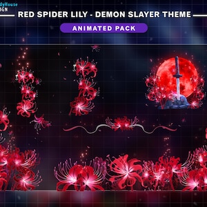 Puede incluir: Un paquete animado con temática de Demon Slayer. El diseño presenta lirios araña rojos, una luna roja y una espada. El fondo es oscuro con un patrón de cuadrícula y efectos brillantes. El texto incluye "Red Spider Lily" y "Animated Pack."