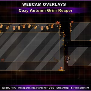 Peut inclure: Un ensemble de superpositions de webcam numériques intitulé Cozy Autumn Grim Reaper, comprenant des cadres rectangulaires décorés de feuilles d'automne orange, de guirlandes lumineuses, d'une citrouille, d'un champignon et d'une faucheuse sur fond transparent.