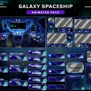 Pacote de fluxo animado Nave espacial Lo-fi, sobreposição de Twitch animado Galaxy Room, espaço, planeta, fundo Vtuber