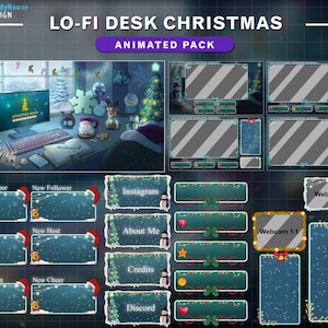 Pakiet animowanego strumienia świątecznego Lo-fi Desk, nakładka Twitch na pokój świąteczny z choinką, padający śnieg, zima, gorąca herbata, słodycze