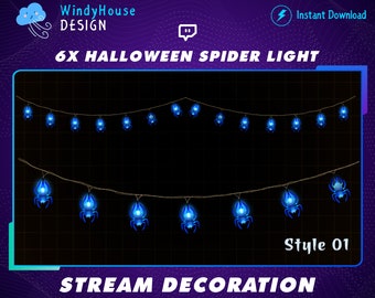 May include: A string of Halloween spider lights featuring glowing blue spider-shaped bulbs on a thin wire. The graphic includes the text WindyHouse DESIGN, 6X HALLOWEEN SPIDER LIGHT, Style 01, and STREAM DECORATION against a dark purple background.