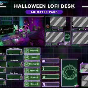 Animated Stream Package Halloween Lo-fi Desk Green Theme , Animated Twitch Overlay Halloween Room with Spider, Ghost, Skull...