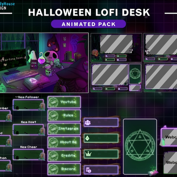 Paquete de transmisión animada Tema verde de escritorio Lo-fi de Halloween, superposición animada de Twitch Sala de Halloween con araña, fantasma, calavera...