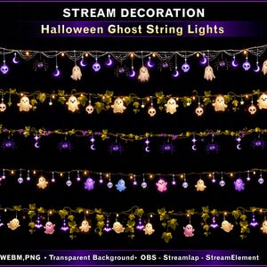Könnte beinhalten: Fünf horizontale Reihen digitaler Halloween-Lichterketten-Overlays mit Geistern, Totenköpfen, Spinnen, Monden und Efeuranken. Der Text STREAM DECORATION Halloween Ghost String Lights steht oben, mit WEBM, PNG, Transparent Background, OBS, Streamlap, StreamElement unten.