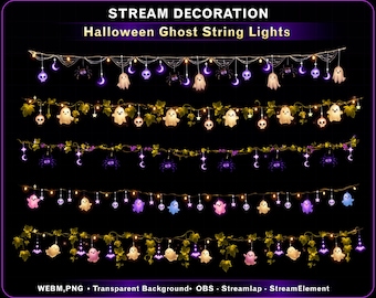 Halloween Ghost String Lights, Cute Spooky Hanging Lights Stream Decoration, Kawaii Ghost Twitch Overlay for OBS, VTuber