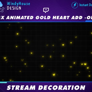 3x Animated Stream Decoration Heart Floating Overlay, Gold Heart Falling Down Up Twitch Overlay / Cute Heart Falling, Valentine&#39;s Day, Love