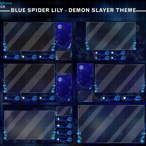 Puede incluir: Un dise&ntilde;o de superposici&oacute;n digital con un tema de lirio ara&ntilde;a azul y Demon Slayer. El dise&ntilde;o presenta m&uacute;ltiples paneles transparentes con rayas diagonales, acentuados con detalles florales y de estrellas azules. El texto "BLUE SPIDER LILY - DEMON SLAYER THEME" es visible.