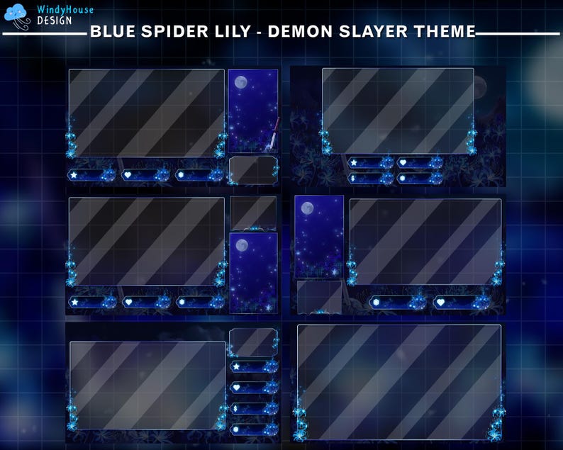 Puede incluir: Un dise&ntilde;o de superposici&oacute;n digital con un tema de lirio ara&ntilde;a azul y Demon Slayer. El dise&ntilde;o presenta m&uacute;ltiples paneles transparentes con rayas diagonales, acentuados con detalles florales y de estrellas azules. El texto "BLUE SPIDER LILY - DEMON SLAYER THEME" es visible.