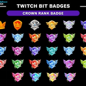 Puede incluir: Un conjunto de 25 insignias de Twitch bit con un diseño de corona y escudo en varios colores, incluyendo oro, plata, azul, rojo, verde, morado y rosa.