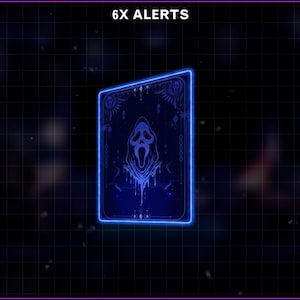 K&ouml;nnte beinhalten: Eine blau leuchtende Karte mit einem Scream-Masken-Design. Die Karte hat einen dunklen Hintergrund mit einem Rastermuster und dem Text "6X ALERTS" oben. Die Maske ist wei&szlig; mit einer dunkelblauen Kontur und einem Tropfeffekt.