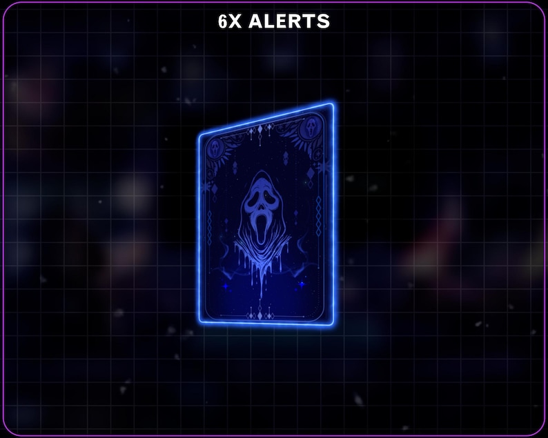 K&ouml;nnte beinhalten: Eine blau leuchtende Karte mit einem Scream-Masken-Design. Die Karte hat einen dunklen Hintergrund mit einem Rastermuster und dem Text "6X ALERTS" oben. Die Maske ist wei&szlig; mit einer dunkelblauen Kontur und einem Tropfeffekt.
