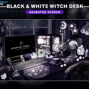Animierte Twitch Screens Schwarz/Weiß Hexen Schreibtisch, Goth Twitch Overlay mit Tarrot Karte, PC Set-up, Geist, Totenkopf, Kerze, Gift...