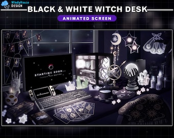 Animated Twitch Screens Black &White Witch Desk, Goth Twitch Overlay with Tarrot Card, PC Setup, Ghost, Skull, Candle, Poison...