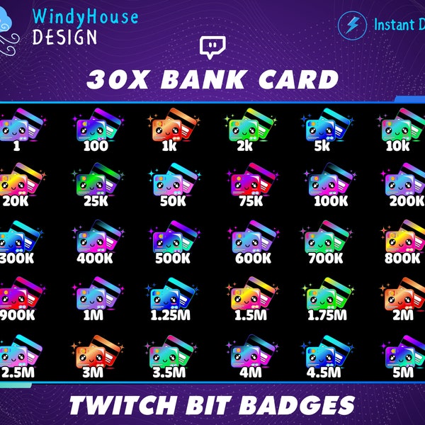 30x Badges Twitch Bit de carte bancaire / Ensemble complet de badges Twitch Bit / Badges de niveau Twitch / Badges d’argent / Badges de bits numériques / Graphiques de joueur