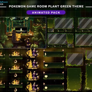 Może przedstawiać: Pakiet grafiki cyfrowej z motywem zielonego pokoju gier Pokémon. Pakiet zawiera animowane nakładki, alerty i panele. Główny obraz przedstawia przytulny pokój z komputerem, Pikachu i Umbreon. Tekst zawiera "Starting Soon".
