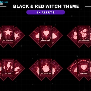 May include: Six animated Twitch alerts in a black and red witch theme. The alerts feature icons such as a star, heart, coins, lightning bolt, gift box, and diamond. Each alert includes the text "New [Event]" such as "New Subscriber", "New Follower", "New Donation", "New Raid", "New Gifted Sub", and "New Cheer".