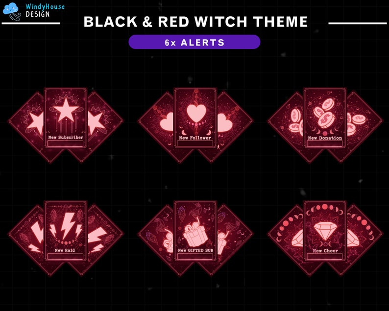 May include: Six animated Twitch alerts in a black and red witch theme. The alerts feature icons such as a star, heart, coins, lightning bolt, gift box, and diamond. Each alert includes the text "New [Event]" such as "New Subscriber", "New Follower", "New Donation", "New Raid", "New Gifted Sub", and "New Cheer".