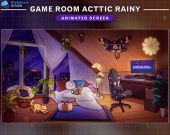 Animated Cozy Attic Game Room Stream Screens with Cute Cat, Rainy Night Twitch Overlay for Streamer Vtuber Background