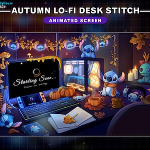 May include: An animated desktop background featuring Stitch characters in an autumn-themed setting. The scene includes a computer, pumpkins, candles, and fall foliage. The screen displays "Starting Soon..." and "Thanks for waiting."