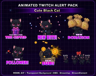 Animated Black Cat Twitch Alerts, Cat Stream Alerts Bundle, Cute Cat Twitch Discord Emotes